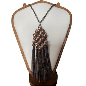 Long Vintage Necklace. Bronze and Faux Pearl. Uniqe